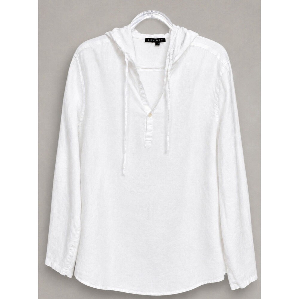 THEORY White 100% Linen Men’s Lennon Hooded Pullover Shirt Top Size XL EUC